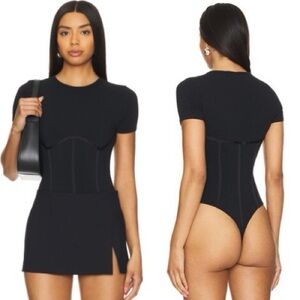 FLEUR DU MAL Corset Short Sleeve Black Bodysuit Top Shirt